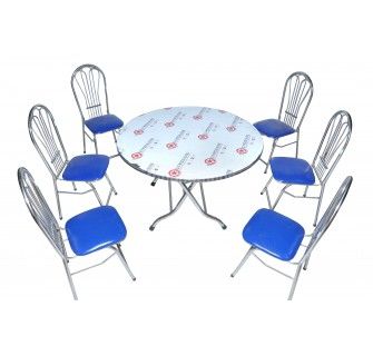 Bộ bàn ăn tròn 1.15m 6 ghế inox 3 lá 